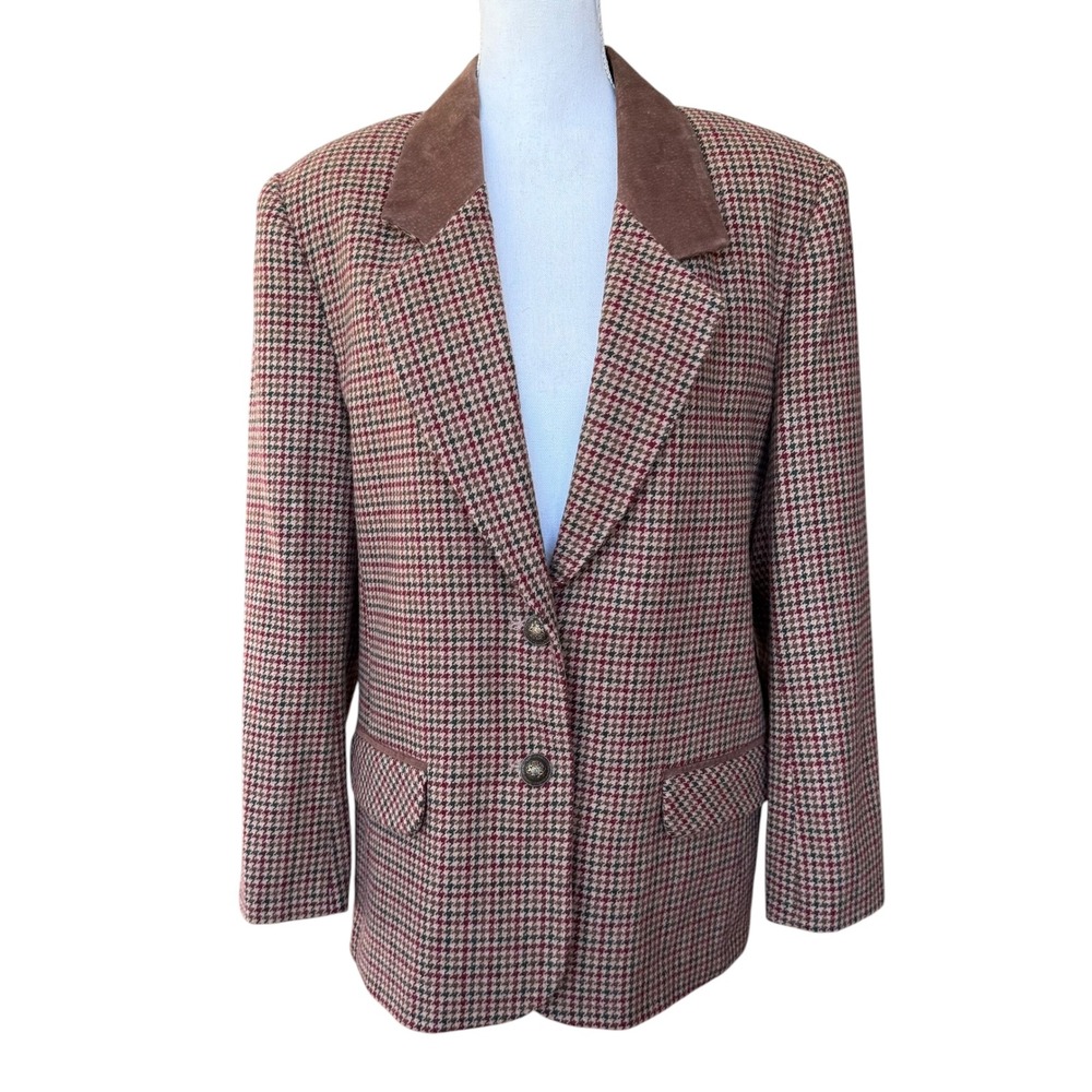 Koret Petites Vintage Wool Blend Houndstooth Blazer Suede Collar‎ Brown Red 14P